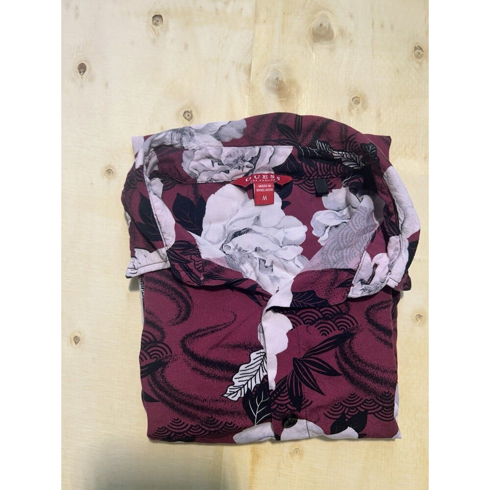 GUESS Los Angeles Men's Medium M Maroon Floral Abstract Viscose Shirt Boho Retro